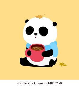 Vector Illustration: A cute cartoon giant panda with a scarf is sitting on the ground with a cup of coffee in the hands.