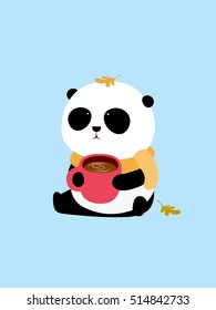 Vector Illustration: A cute cartoon giant panda with a scarf is sitting on the ground with a cup of coffee in the hands.