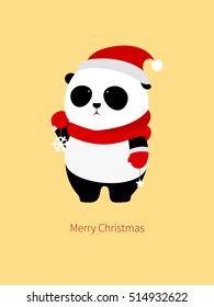 Vector Illustration: A cute cartoon giant panda with red scarf, red christmas hat and red gloves is holding snowflake and star decorations in the hands.