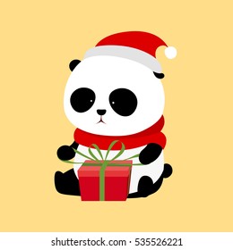 Vector Illustration: A cute cartoon giant panda with red scarf and red christmas hat is sitting on the ground opening a christmas present / gift wrapped with red present box and green ribbons.