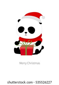 Vector Illustration: A cute cartoon giant panda with red scarf and red christmas hat is sitting on the ground opening a christmas present / gift wrapped with red present box and green ribbons.