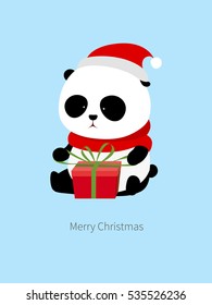 Vector Illustration: A cute cartoon giant panda with red scarf and red christmas hat is sitting on the ground opening a christmas present / gift wrapped with red present box and green ribbons.