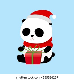 Vector Illustration: A cute cartoon giant panda with red scarf and red christmas hat is sitting on the ground opening a christmas present / gift wrapped with red present box and green ribbons.