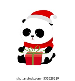 Vector Illustration: A cute cartoon giant panda with red scarf and red christmas hat is sitting on the ground opening a christmas present / gift box wrapped with red present box and green ribbons.