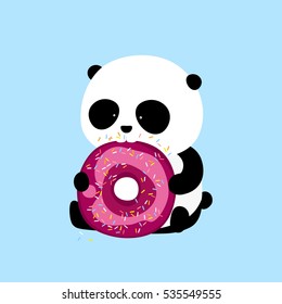 Vector Illustration: A cute cartoon giant panda is sitting on the ground, holding and eating a big cherry and chocolate doughnut / donut with purple icing and colorful sprinkles.