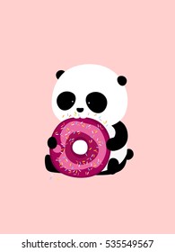 Vector Illustration: A cute cartoon giant panda is sitting on the ground, holding and eating a big cherry and chocolate doughnut / donut with purple icing and colorful sprinkles.