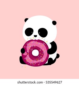 Vector Illustration: A cute cartoon giant panda is sitting on the ground, holding and eating a big cherry and chocolate doughnut / donut with purple icing and colorful sprinkles.
