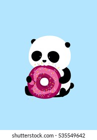 Vector Illustration: A cute cartoon giant panda is sitting on the ground, holding and eating a big cherry and chocolate doughnut / donut with purple icing and colorful sprinkles.