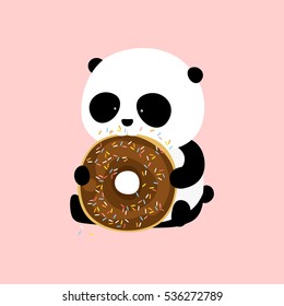 Vector Illustration: A cute cartoon giant panda is sitting on the ground, holding and eating a big chocolate doughnut / donut with icing and colorful sprinkles.