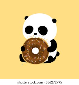Vector Illustration: A cute cartoon giant panda is sitting on the ground, holding and eating a big chocolate doughnut / donut with icing and colorful sprinkles.