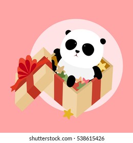 Vector Illustration: A cute cartoon giant panda is sitting in a christmas present box filled with colorful stars and wrapped with golden wrapping paper and red ribbons