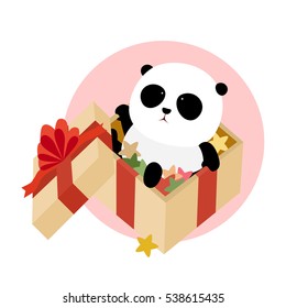 Vector Illustration: A cute cartoon giant panda is sitting in a christmas present box filled with colorful stars and wrapped with golden wrapping paper and red ribbons