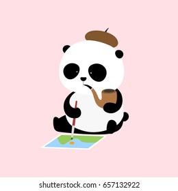 Vector Illustration: A cute cartoon giant panda artist is sitting on the ground, holding a tobacco pipe and working on a landscape painting.