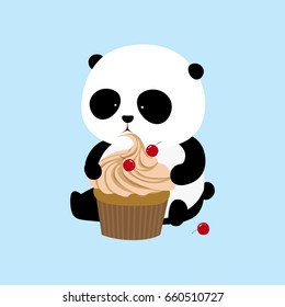 Vector Illustration: A cute cartoon giant panda is sitting on the ground, holding and eating a big chocolate cupcake with cream and cherry. (light blue background)