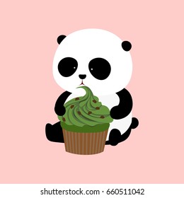 Vector Illustration: A cute cartoon giant panda is sitting on the ground, holding and eating a big matcha / green tea cupcake with cream and chocolate chips. (dark pink background)