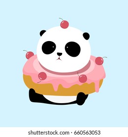 Vector Illustration: A cute cartoon giant panda is sitting on the ground, with a big pink strawberry / cherry flavor doughnut / donut / bagel on his neck. (light blue background)
