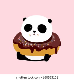 Vector Illustration: A cute cartoon giant panda is sitting on the ground, with a big chocolate doughnut / donut / bagel with colorful icing on his neck. (light pink background)