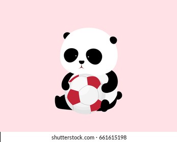 Vector Illustration. A cute cartoon giant panda is sitting on the ground, holding a soccer ball or football.