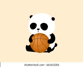 Vector Illustration. A cute cartoon giant panda is sitting on the ground, holding a basketball.