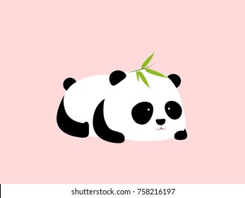 Vector Illustration - A cute cartoon giant panda lies on its stomach, with bamboo leaves on its head