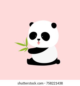 Vector Illustration: A cute cartoon giant panda is sitting on the ground, sticking tongue out, with a branch of bamboo leaves in hand