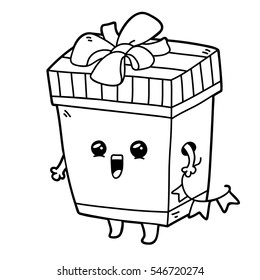 Vector illustration of cute cartoon gift box character for children, coloring page