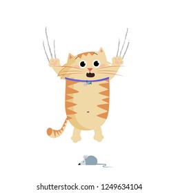 Vector illustration of cute cartoon ginger cat character frightened and escaping of mouse bangles being scary. Crying pet clip art isolated on white background. Naughty cat's life routine situation.