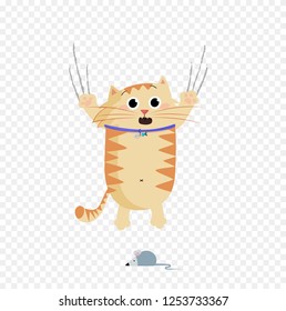 Vector illustration of cute cartoon ginger cat character frightened and escaping of mouse bangles being scary. Crying pet clip art on transparent background. Naughty cat's life routine situation.