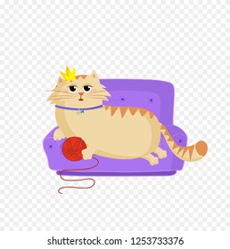 Vector illustration of cute cartoon ginger female cat girl character lying on the sofa with red ball in paws and princess crown on head. Queen lady cat isolated on transparent background clip art.