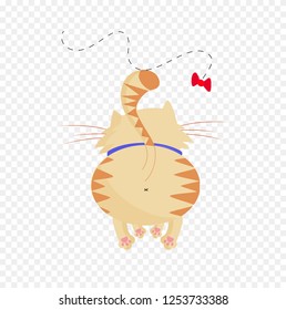 Vector illustration of cute cartoon ginger male cat boy character back side view playing with butterfly trying to catch it on transparent background clip art. Naughty cat's life routine situation.
