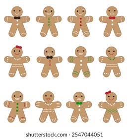 Vector illustration of cute cartoon gingerbread people. Big set of different gingerbread cookies.