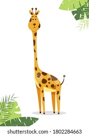 Ilustración vectorial de la linda jirafa de dibujos animados. Marco de hojas tropicales y animales africanos