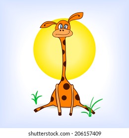 Vector illustration. Cute cartoon giraffe on background of the sun and sky