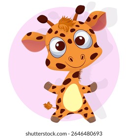 Vector illustration of cute cartoon giraffe with big eyes, orange fur and brown spots standing with raised arms on pink round background.