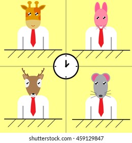 vector illustration of cute cartoon giraffe rabbit deer and rat character design in white shirt and red tie