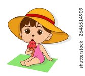 Vector illustration of cute cartoon girl with big eyes, wearing yellow hat and pink swimsuit, sitting on green rug and eating red ice cream.