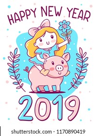 Vector illustration of cute cartoon girl with flower riding a pig with pink cheeks. Hand drawn flat style design for web, site, greeting card, poster with symbol of the new year 2019