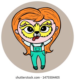 A vector illustration of cute cartoon girl having his face painted as a dog.