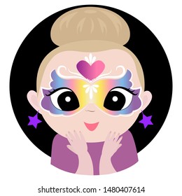 A vector illustration of cute cartoon girl having his face painted as a mask pincess.