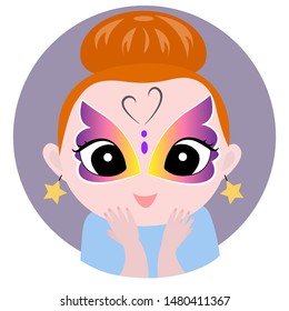 A vector illustration of cute cartoon girl having his face painted as a mask butterfly.