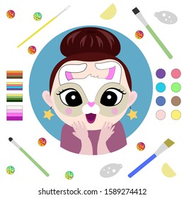 A vector illustration of cute cartoon girl having face painted as hare. Professional materials.  