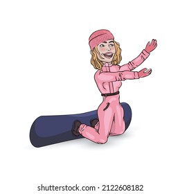 Vector illustration of a cute cartoon girl jumping on a snowboarding.