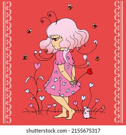 vector illustration with cute cartoon girl, card