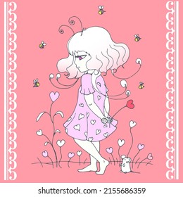 vector illustration with cute cartoon girl, card