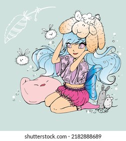 vector illustration with cute cartoon girl. card