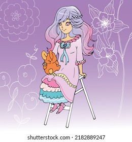 vector illustration with cute cartoon girl. card