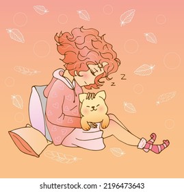 vector illustration with cute cartoon girl. card