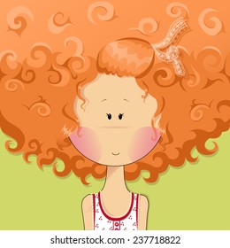 vector illustration cute cartoon girl with beautiful short red curly hair and lace ribbon