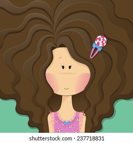 vector illustration cute cartoon girl with beautiful long curly brunette hair and candy bobby pin
