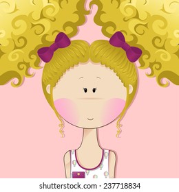 vector illustration cute cartoon girl with beautiful blond curly tails and bows 